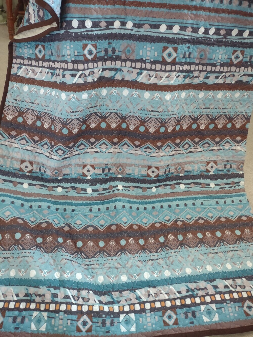 3 Piece Set Quilt Blue Multi Color Geo Multi Patterns Vermicelli + 2 Pillow Sham